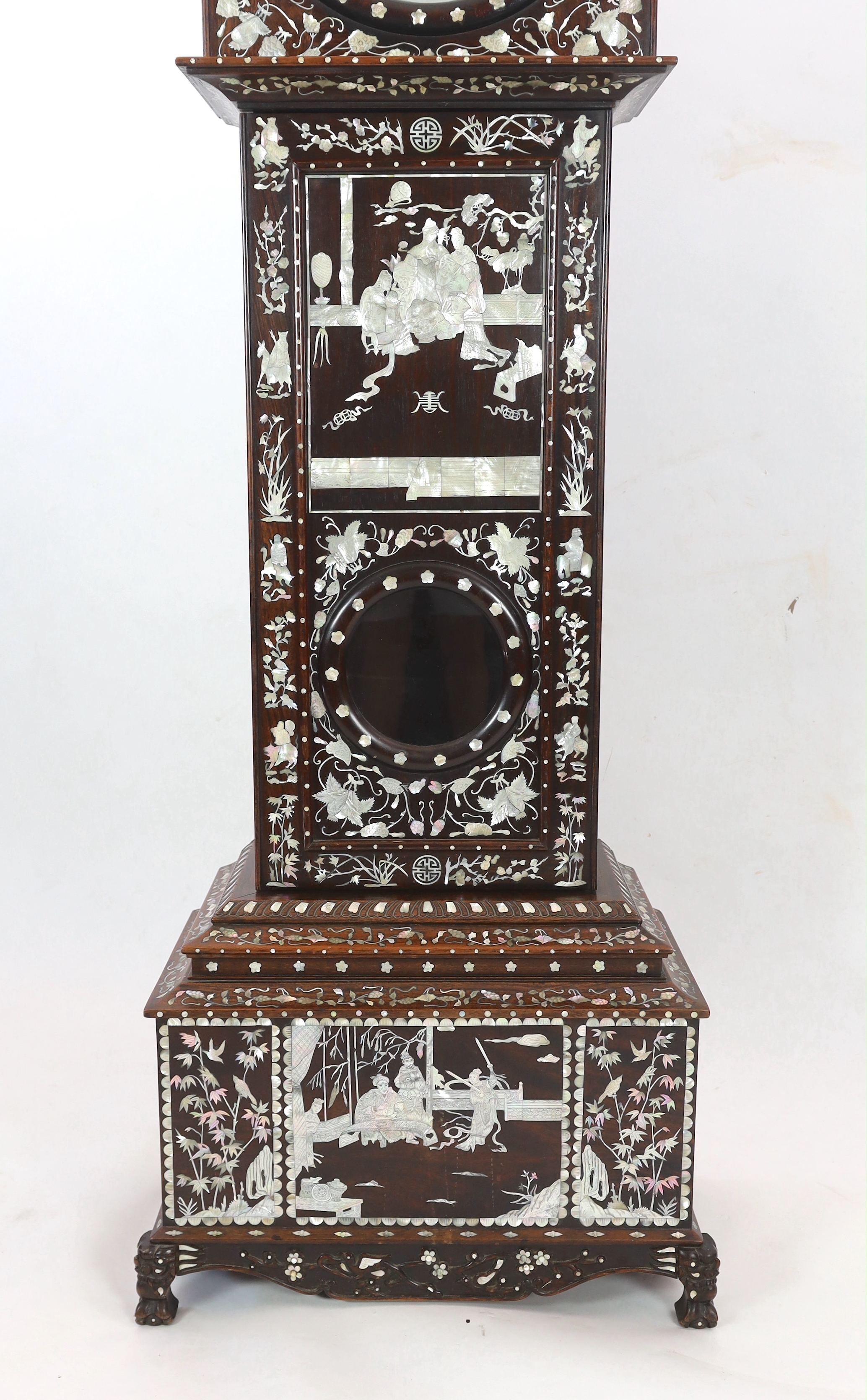 A Chinese hardwood and mother-of-pearl inlaid longcase clock, mid 20th century